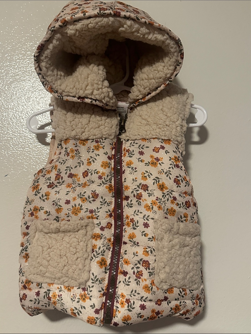 Little Lass Cream Floral Sherpa Hooded Vest